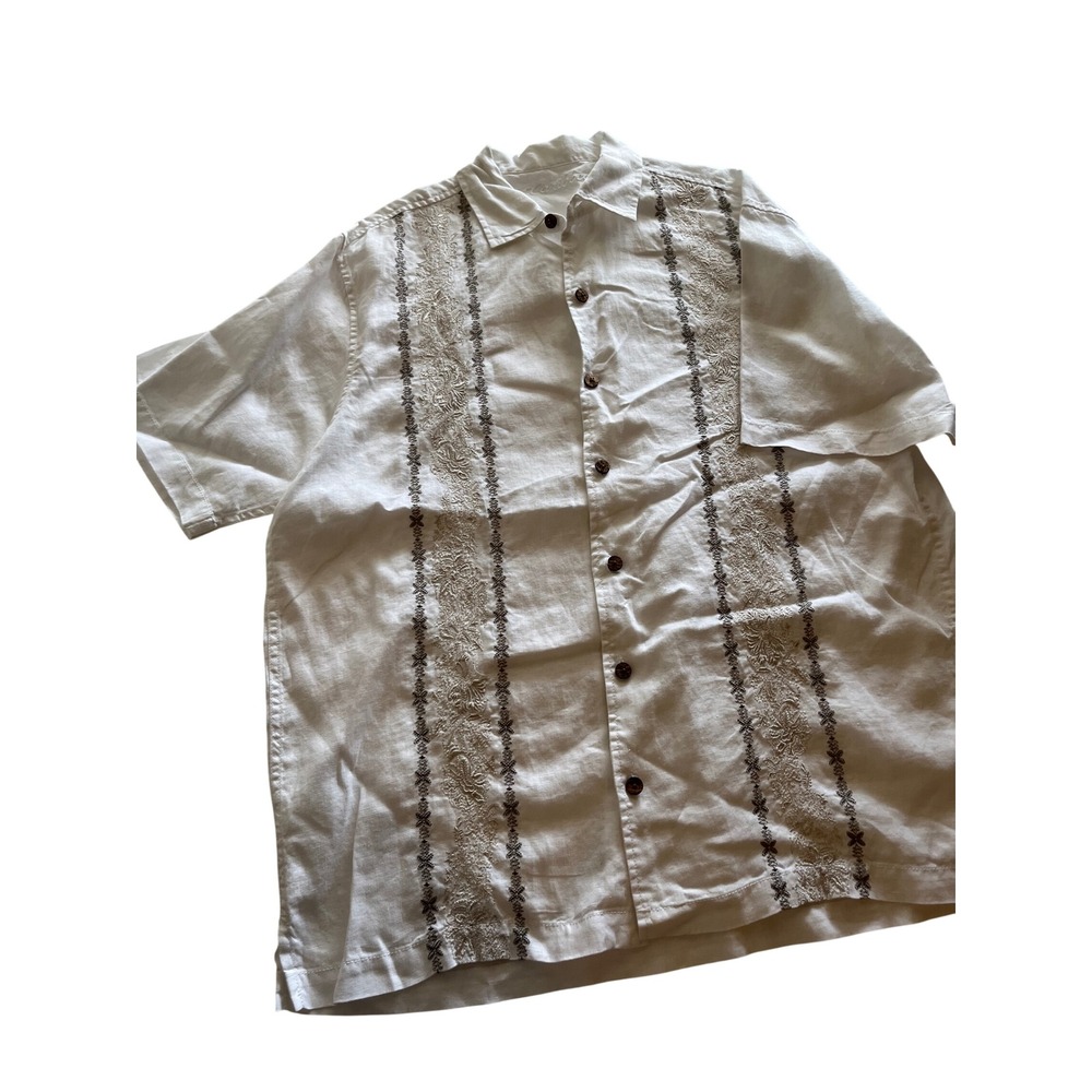 Caribbean Mens White Linen Short Sleeve Embroidered Guayabera Camp Shirt L